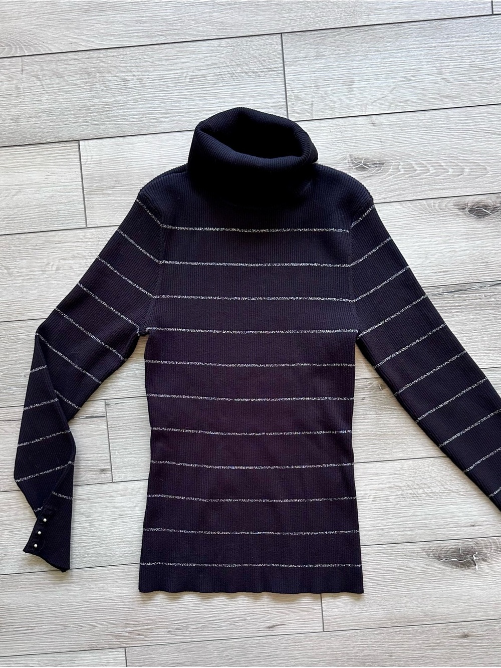 White House Black Market Black Turtleneck Sweater with Metallic Stripes